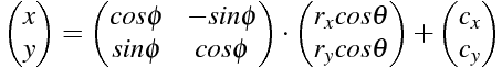 Elliptical arc  math formula: \begin{pmatrix}
x \
y
\end{pmatrix} =
\begin{pmatrix}
cos\theta & -sin\theta \
sin\theta & cos\theta
\end{pmatrix} \cdot
\begin{pmatrix}
r_xcos\theta \
r_ycos\theta
\end{pmatrix} +
\begin{pmatrix}
c_x \
c_y
\end{pmatrix}