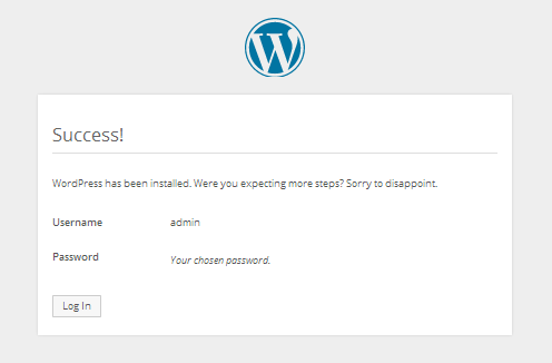 Wordpress successful installation screen