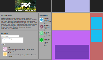 Side-by-side screenshot of the final app and a color-blocked version of the app where each color represents a module/component we will be building