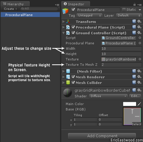 Showing off the ProceduralPlane script component on an empty gameobject