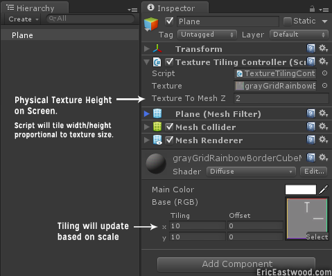 Showing off the TextureTilingController script component on a plane.